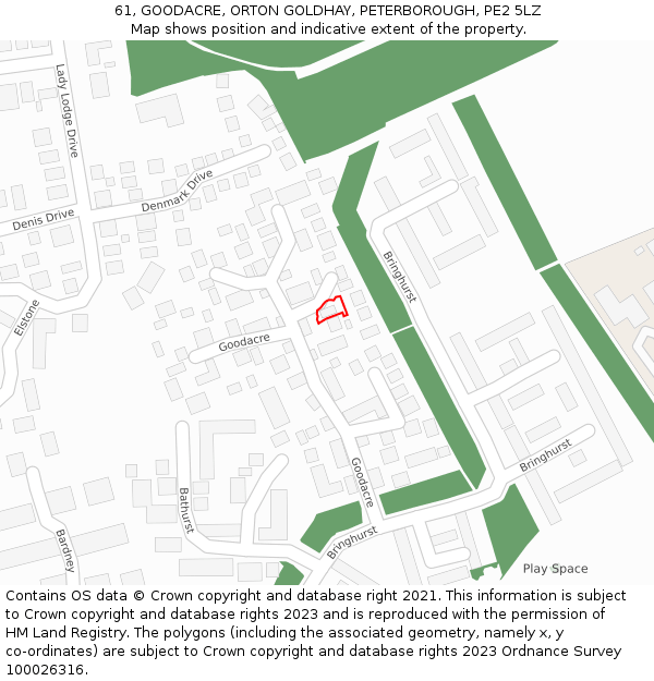 61, GOODACRE, ORTON GOLDHAY, PETERBOROUGH, PE2 5LZ: Location map and indicative extent of plot