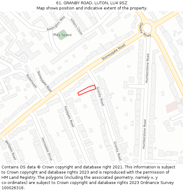 61, GRANBY ROAD, LUTON, LU4 9SZ: Location map and indicative extent of plot