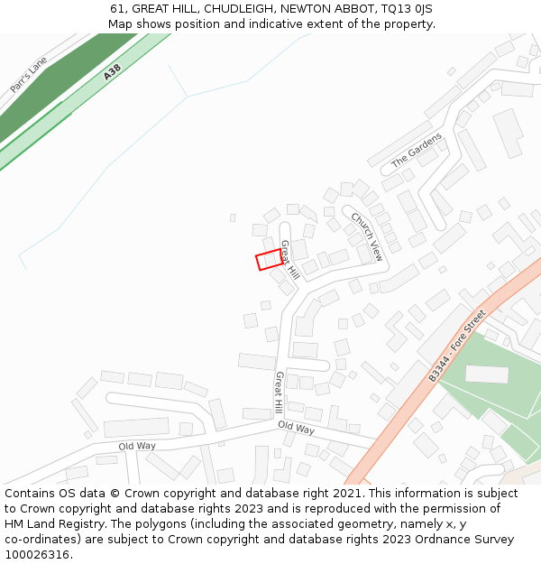 61, GREAT HILL, CHUDLEIGH, NEWTON ABBOT, TQ13 0JS: Location map and indicative extent of plot