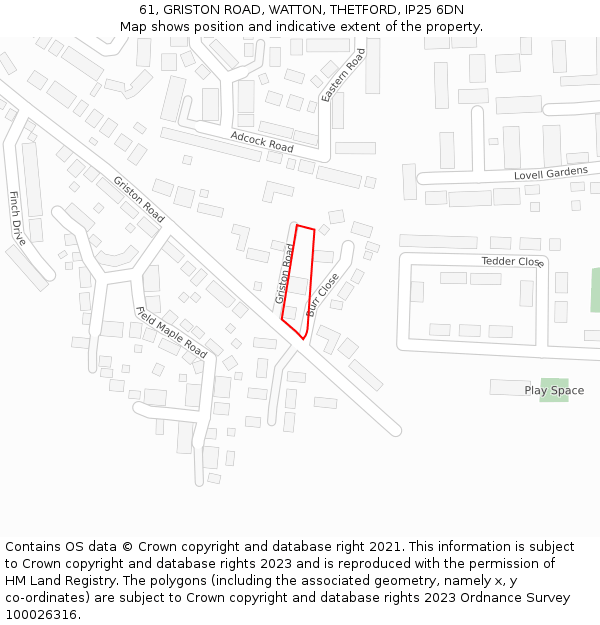 61, GRISTON ROAD, WATTON, THETFORD, IP25 6DN: Location map and indicative extent of plot