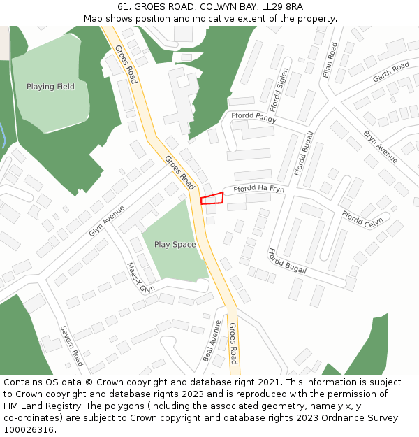 61, GROES ROAD, COLWYN BAY, LL29 8RA: Location map and indicative extent of plot