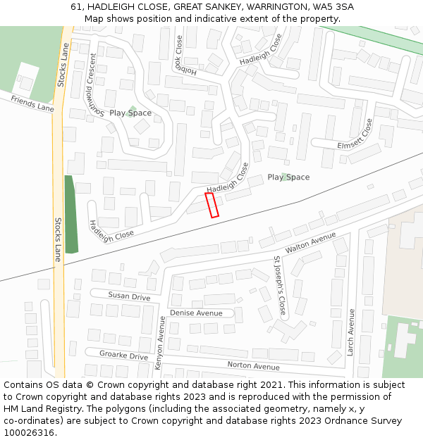 61, HADLEIGH CLOSE, GREAT SANKEY, WARRINGTON, WA5 3SA: Location map and indicative extent of plot