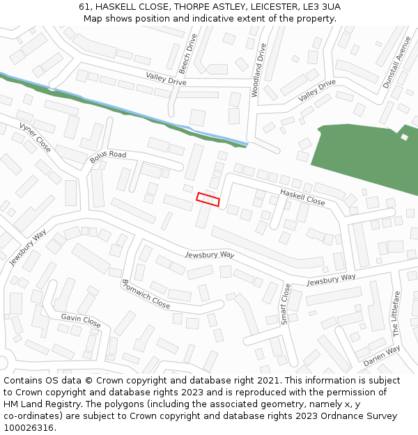 61, HASKELL CLOSE, THORPE ASTLEY, LEICESTER, LE3 3UA: Location map and indicative extent of plot