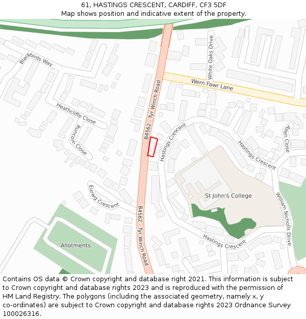 61, HASTINGS CRESCENT, CARDIFF, CF3 5DF: Location map and indicative extent of plot