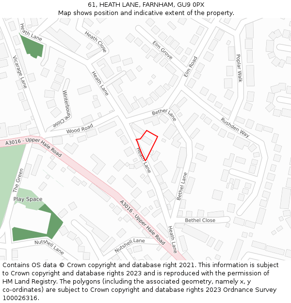 61, HEATH LANE, FARNHAM, GU9 0PX: Location map and indicative extent of plot