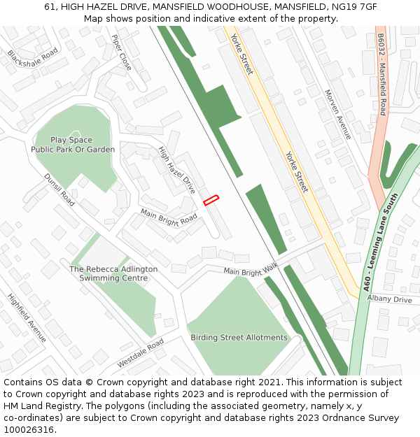 61, HIGH HAZEL DRIVE, MANSFIELD WOODHOUSE, MANSFIELD, NG19 7GF: Location map and indicative extent of plot