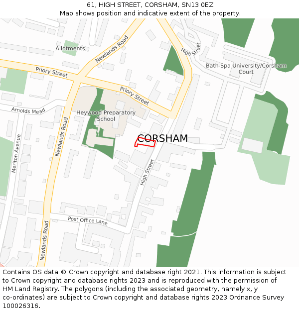 61, HIGH STREET, CORSHAM, SN13 0EZ: Location map and indicative extent of plot