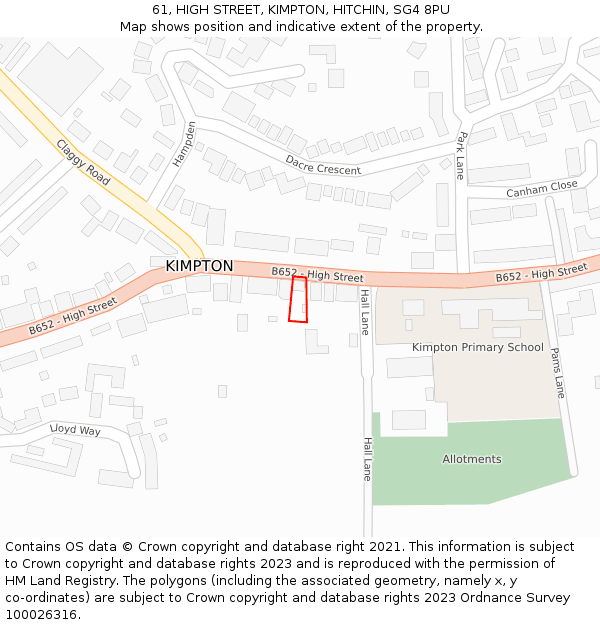 61, HIGH STREET, KIMPTON, HITCHIN, SG4 8PU: Location map and indicative extent of plot