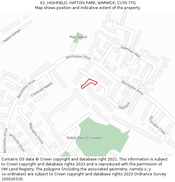 61, HIGHFIELD, HATTON PARK, WARWICK, CV35 7TQ: Location map and indicative extent of plot