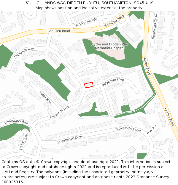 61, HIGHLANDS WAY, DIBDEN PURLIEU, SOUTHAMPTON, SO45 4HY: Location map and indicative extent of plot
