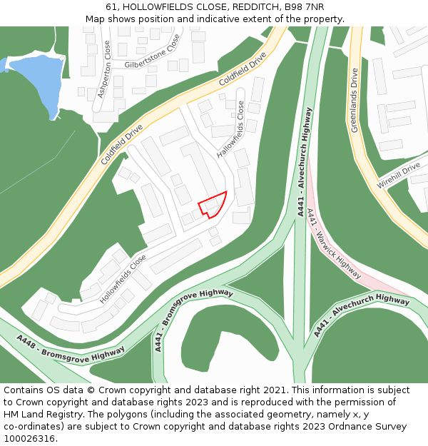 61, HOLLOWFIELDS CLOSE, REDDITCH, B98 7NR: Location map and indicative extent of plot