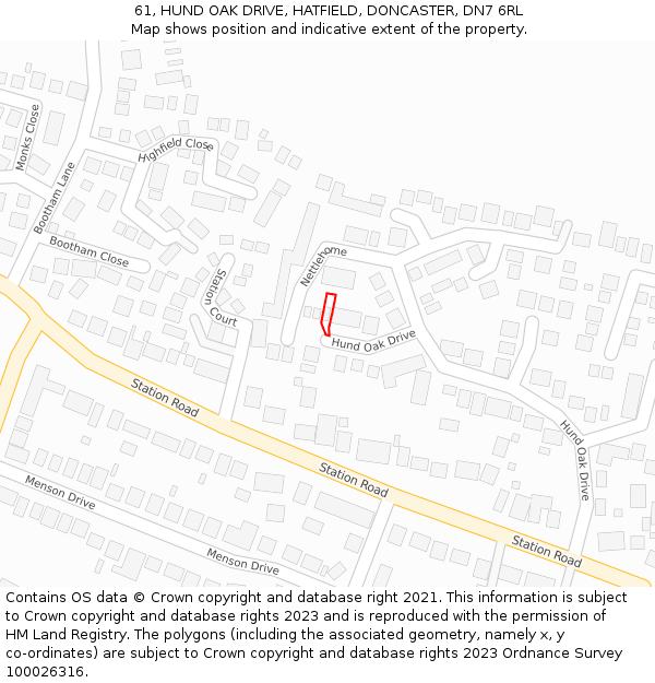 61, HUND OAK DRIVE, HATFIELD, DONCASTER, DN7 6RL: Location map and indicative extent of plot