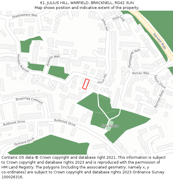 61, JULIUS HILL, WARFIELD, BRACKNELL, RG42 3UN: Location map and indicative extent of plot