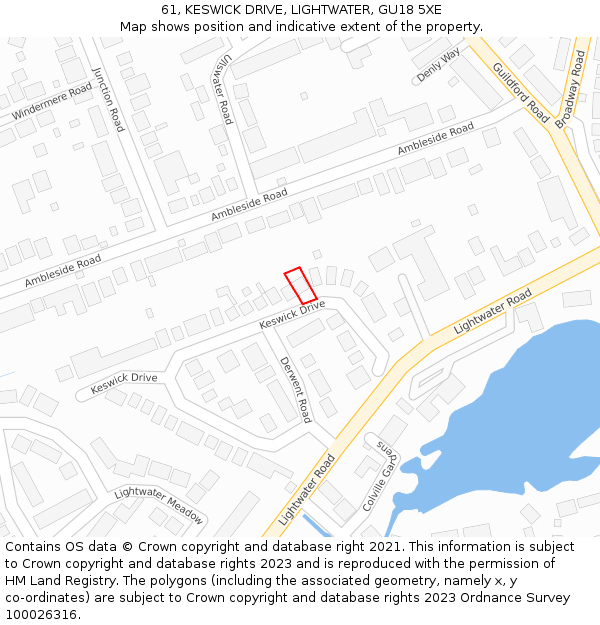 61, KESWICK DRIVE, LIGHTWATER, GU18 5XE: Location map and indicative extent of plot