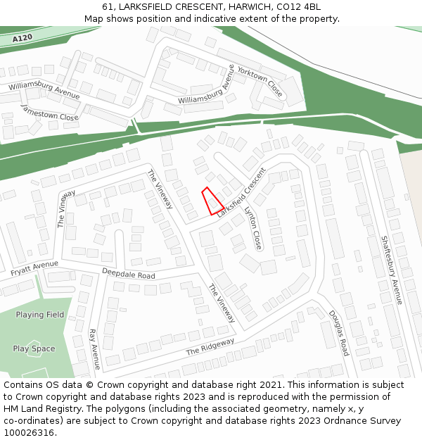 61, LARKSFIELD CRESCENT, HARWICH, CO12 4BL: Location map and indicative extent of plot