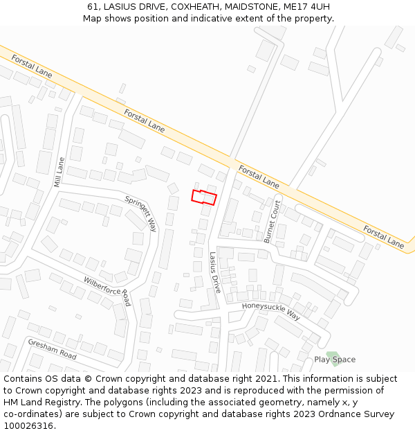 61, LASIUS DRIVE, COXHEATH, MAIDSTONE, ME17 4UH: Location map and indicative extent of plot