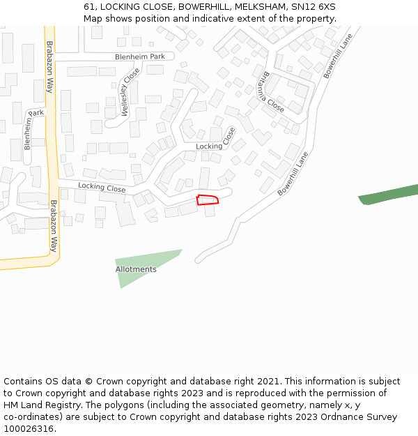 61, LOCKING CLOSE, BOWERHILL, MELKSHAM, SN12 6XS: Location map and indicative extent of plot