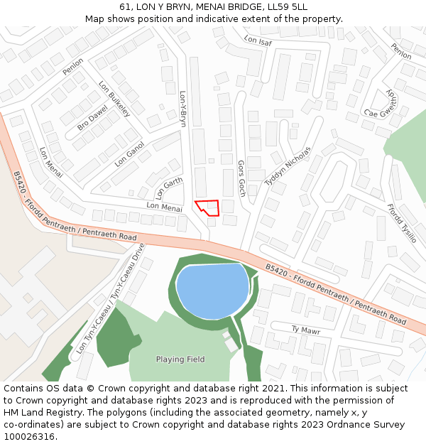 61, LON Y BRYN, MENAI BRIDGE, LL59 5LL: Location map and indicative extent of plot