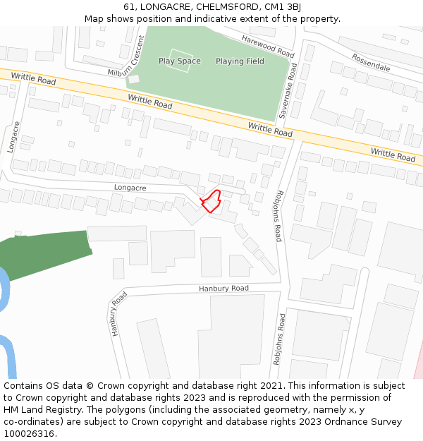 61, LONGACRE, CHELMSFORD, CM1 3BJ: Location map and indicative extent of plot