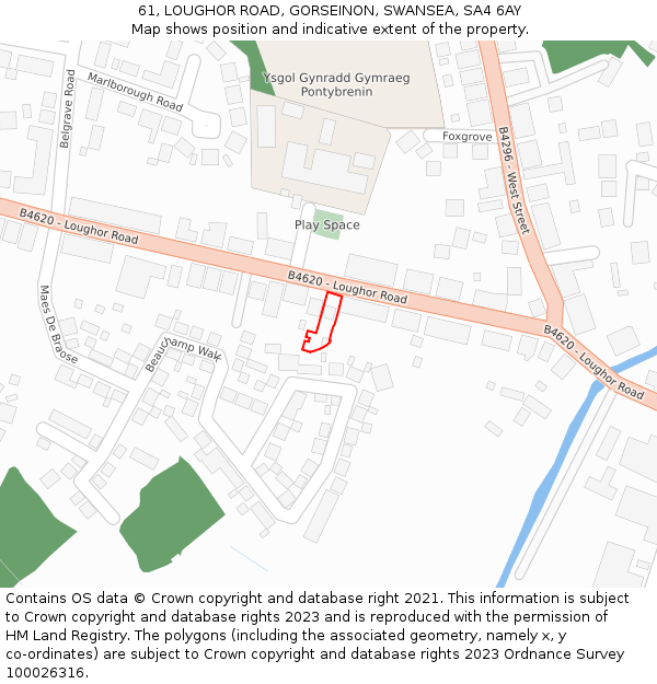 61, LOUGHOR ROAD, GORSEINON, SWANSEA, SA4 6AY: Location map and indicative extent of plot