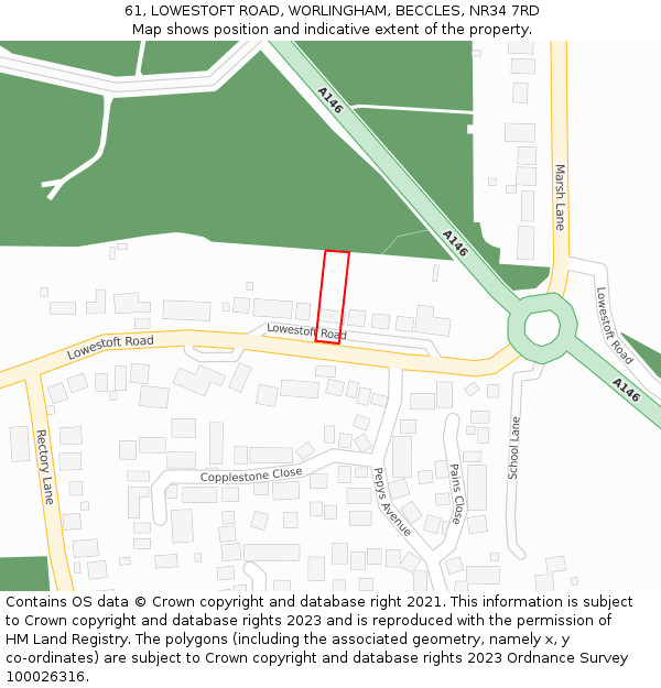 61, LOWESTOFT ROAD, WORLINGHAM, BECCLES, NR34 7RD: Location map and indicative extent of plot