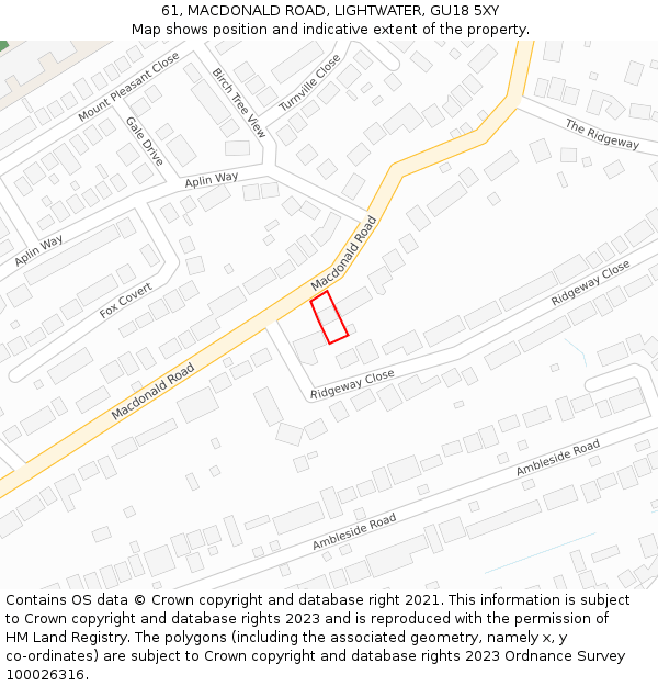 61, MACDONALD ROAD, LIGHTWATER, GU18 5XY: Location map and indicative extent of plot