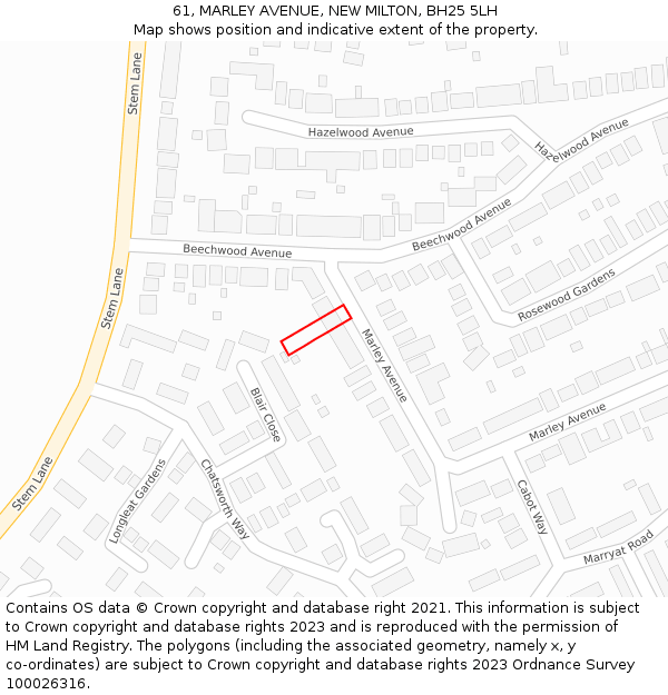 61, MARLEY AVENUE, NEW MILTON, BH25 5LH: Location map and indicative extent of plot