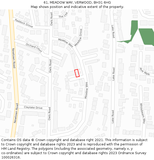 61, MEADOW WAY, VERWOOD, BH31 6HG: Location map and indicative extent of plot