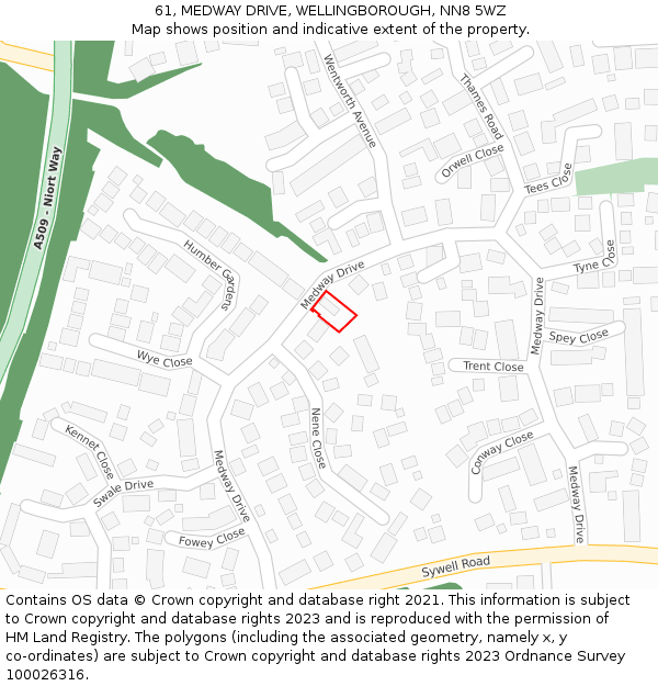 61, MEDWAY DRIVE, WELLINGBOROUGH, NN8 5WZ: Location map and indicative extent of plot