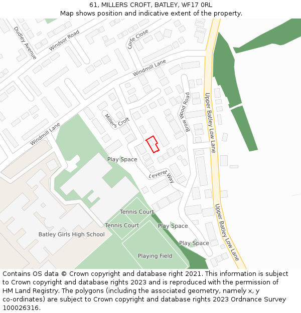 61, MILLERS CROFT, BATLEY, WF17 0RL: Location map and indicative extent of plot