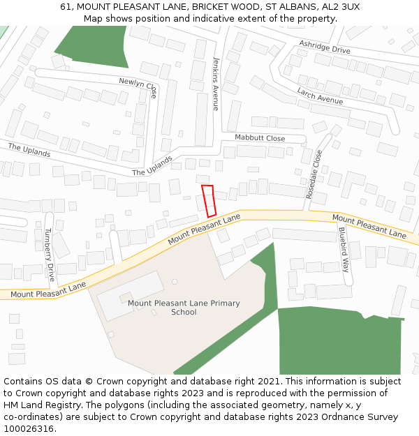 61, MOUNT PLEASANT LANE, BRICKET WOOD, ST ALBANS, AL2 3UX: Location map and indicative extent of plot