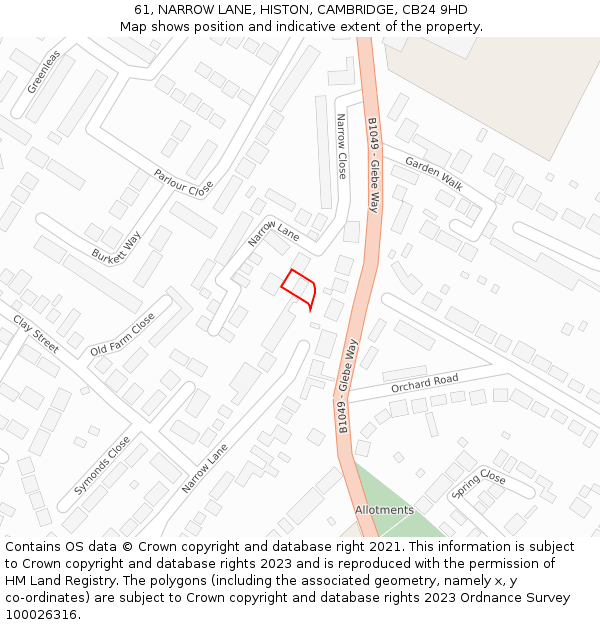 61, NARROW LANE, HISTON, CAMBRIDGE, CB24 9HD: Location map and indicative extent of plot