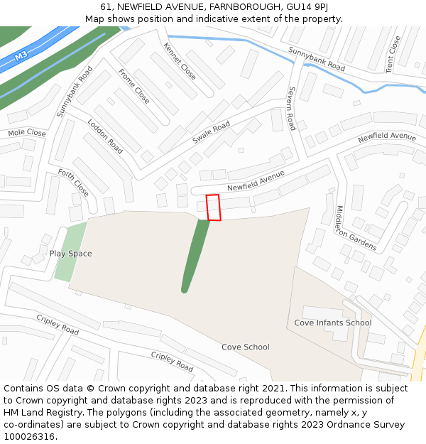 61, NEWFIELD AVENUE, FARNBOROUGH, GU14 9PJ: Location map and indicative extent of plot