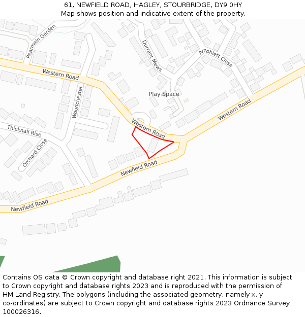 61, NEWFIELD ROAD, HAGLEY, STOURBRIDGE, DY9 0HY: Location map and indicative extent of plot