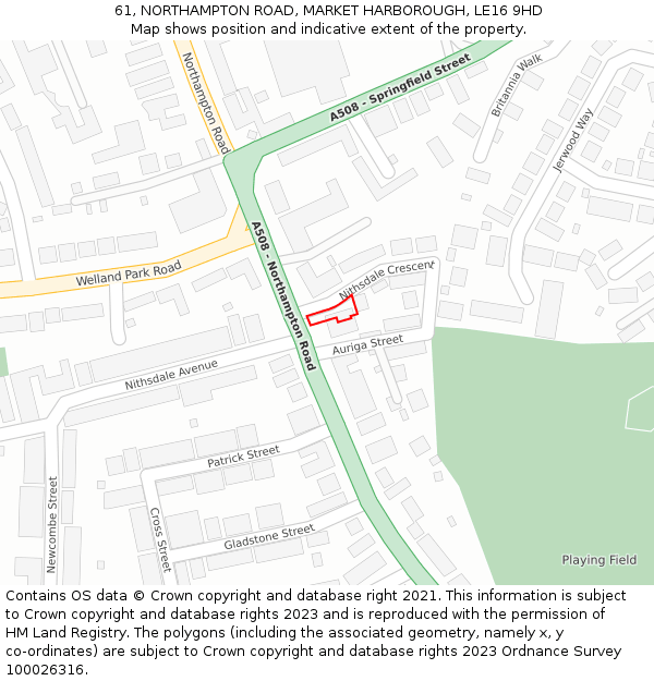 61, NORTHAMPTON ROAD, MARKET HARBOROUGH, LE16 9HD: Location map and indicative extent of plot