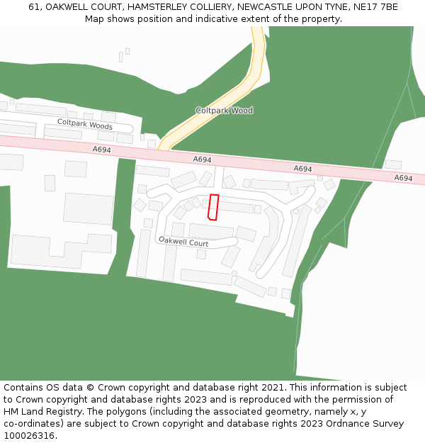 61, OAKWELL COURT, HAMSTERLEY COLLIERY, NEWCASTLE UPON TYNE, NE17 7BE: Location map and indicative extent of plot