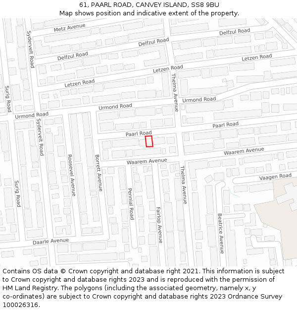 61, PAARL ROAD, CANVEY ISLAND, SS8 9BU: Location map and indicative extent of plot