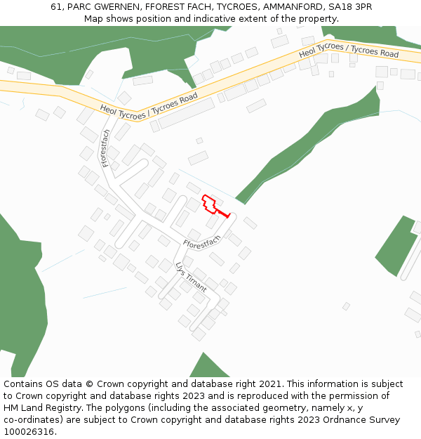 61, PARC GWERNEN, FFOREST FACH, TYCROES, AMMANFORD, SA18 3PR: Location map and indicative extent of plot