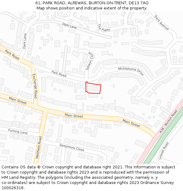 61, PARK ROAD, ALREWAS, BURTON-ON-TRENT, DE13 7AG: Location map and indicative extent of plot