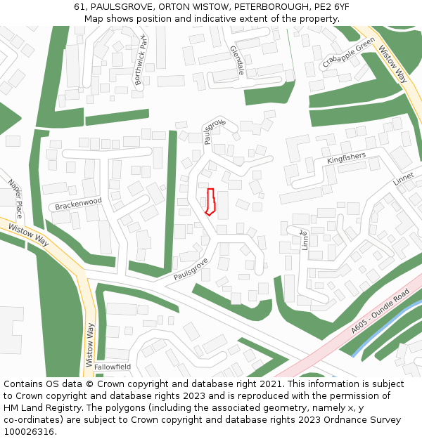 61, PAULSGROVE, ORTON WISTOW, PETERBOROUGH, PE2 6YF: Location map and indicative extent of plot