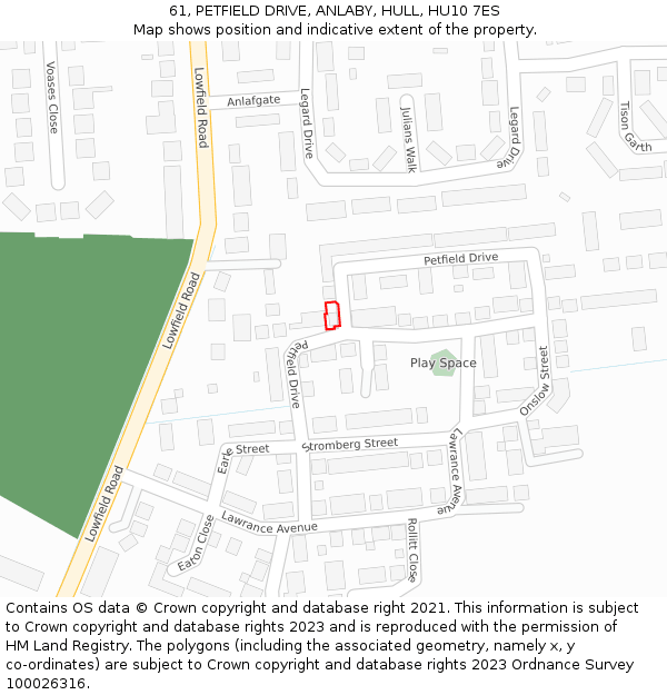 61, PETFIELD DRIVE, ANLABY, HULL, HU10 7ES: Location map and indicative extent of plot