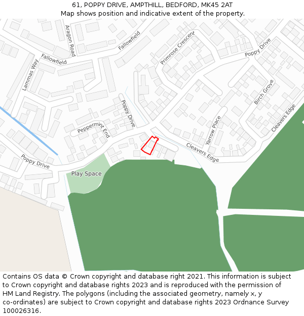 61, POPPY DRIVE, AMPTHILL, BEDFORD, MK45 2AT: Location map and indicative extent of plot
