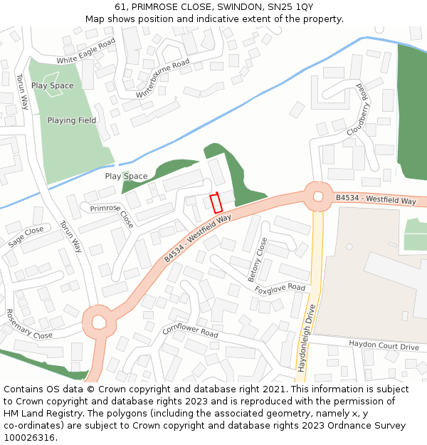 61, PRIMROSE CLOSE, SWINDON, SN25 1QY: Location map and indicative extent of plot