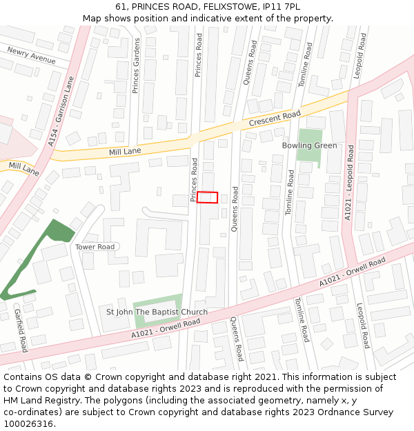 61, PRINCES ROAD, FELIXSTOWE, IP11 7PL: Location map and indicative extent of plot