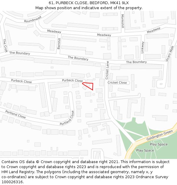 61, PURBECK CLOSE, BEDFORD, MK41 9LX: Location map and indicative extent of plot