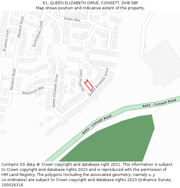 61, QUEEN ELIZABETH DRIVE, CONSETT, DH8 5BF: Location map and indicative extent of plot