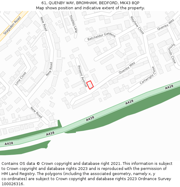 61, QUENBY WAY, BROMHAM, BEDFORD, MK43 8QP: Location map and indicative extent of plot