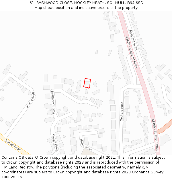 61, RASHWOOD CLOSE, HOCKLEY HEATH, SOLIHULL, B94 6SD: Location map and indicative extent of plot