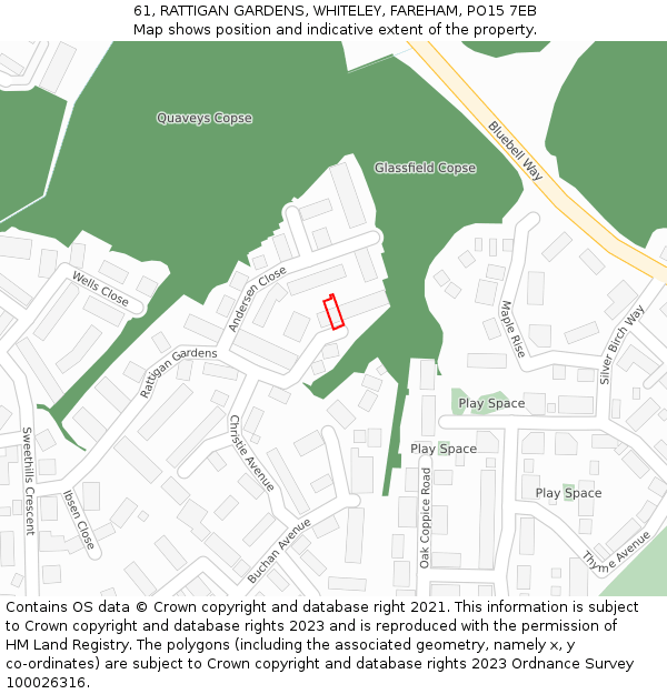 61, RATTIGAN GARDENS, WHITELEY, FAREHAM, PO15 7EB: Location map and indicative extent of plot