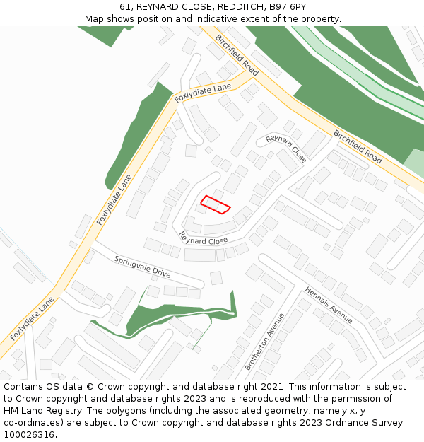 61, REYNARD CLOSE, REDDITCH, B97 6PY: Location map and indicative extent of plot